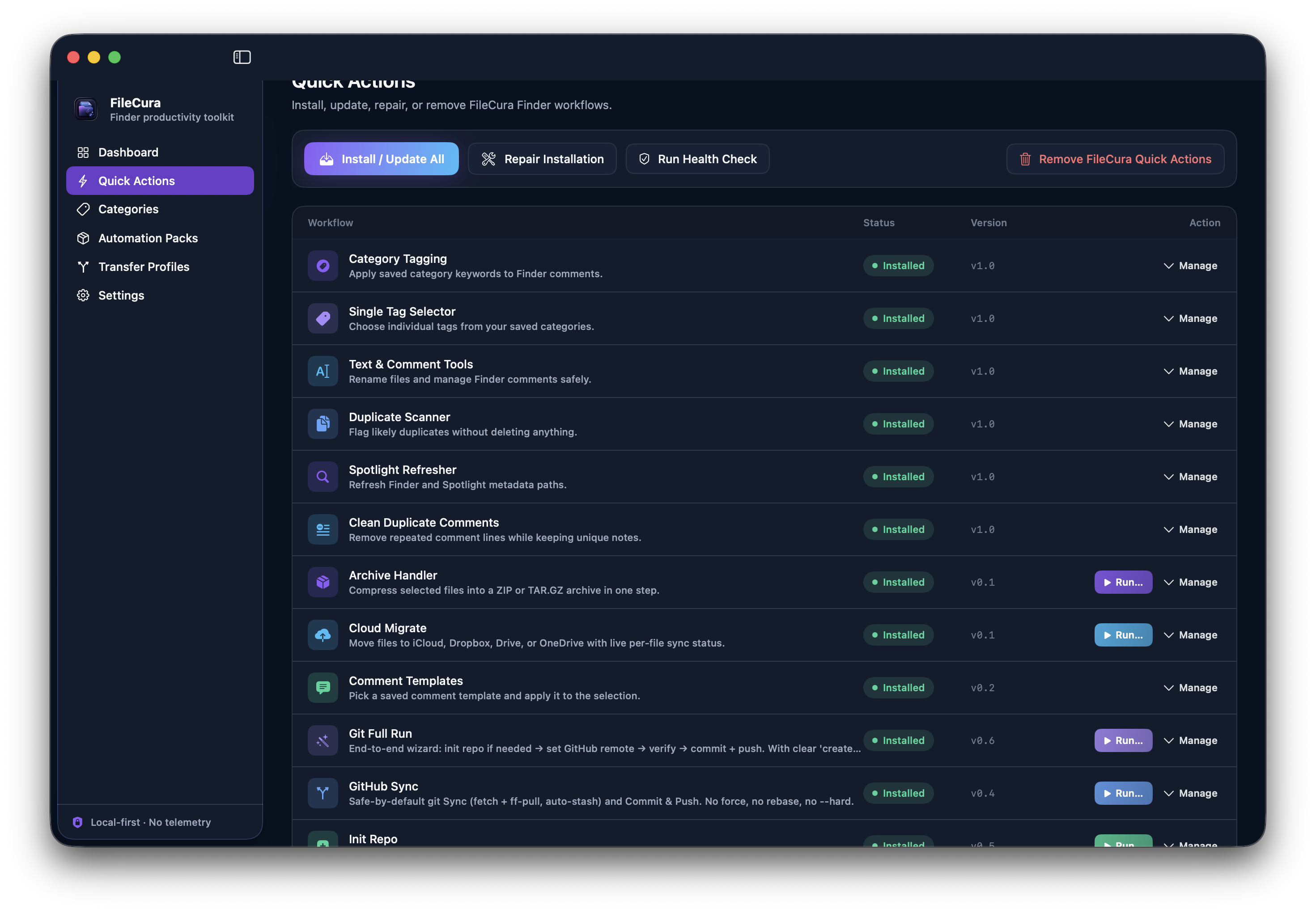 FileCura — Quick Actions